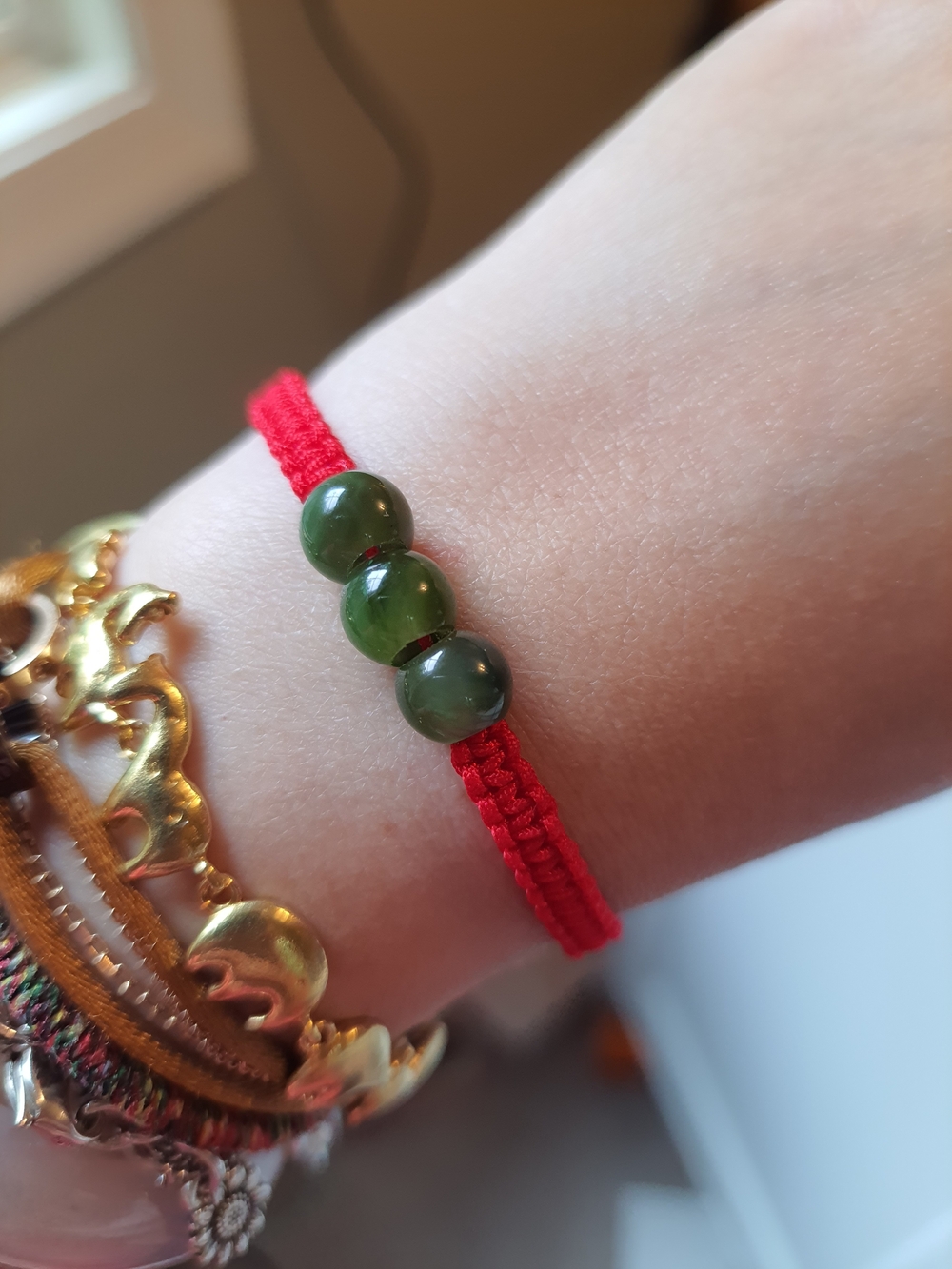 Canadian Green Nephrite Jade Chinese Red String Macrame Bracelet